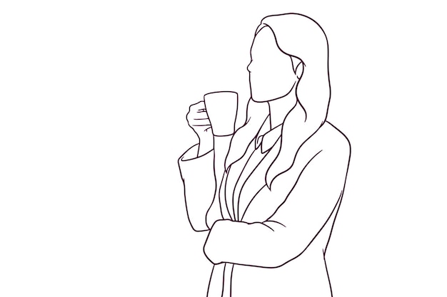 Businesswoman take a cup of coffe while standing hand drawn style vector illustration