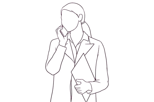 Businesswoman talking on the phone while holding clipboard hand drawn style vector illustration