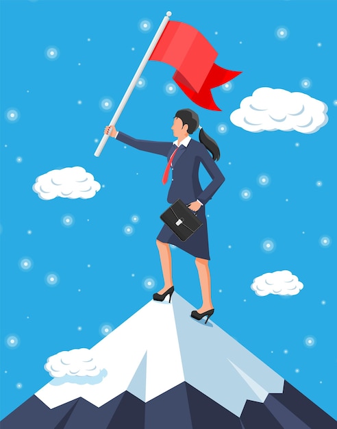 Businesswoman on top of mountain with flag