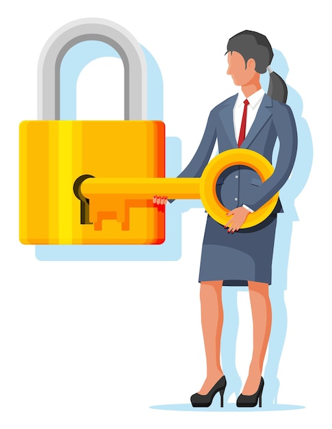 Vector businesswoman unlocking huge padlock with key