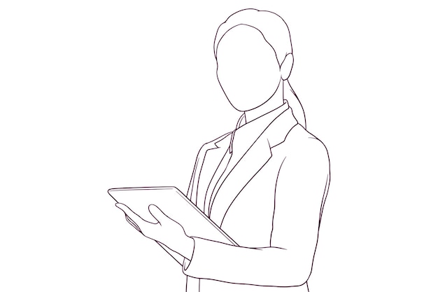 Businesswoman using digital tablet in the workplace hand drawn vector illustration