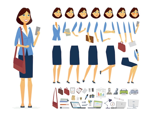 Businesswoman - vector cartoon people character constructor isolated on white background. Set of different face expressions, poses, gestures for animation. A lot of office equipment, objects, bags