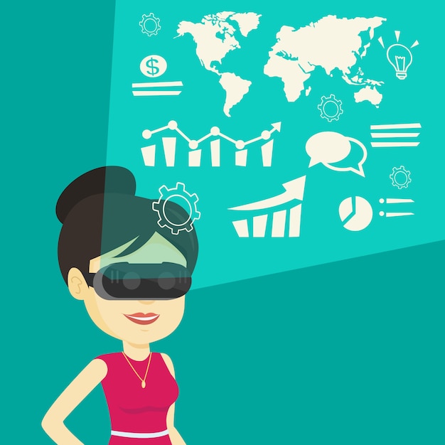 Businesswoman in vr headset analyzing virtual data