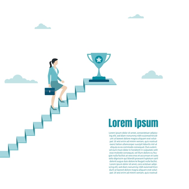 Businesswoman walk up to the trophy on the ladder of success. Award for achievement, victory, goal, champion achievement. Business success goal. Growth in career. Vector illustration flat