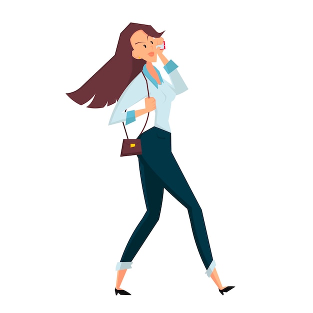 Businesswoman walking and talking on the phone Side view Color flat vector cartoon