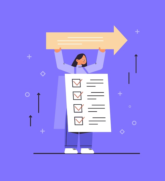 Businesswoman with checklist holding arrow goal achievement concept vertical