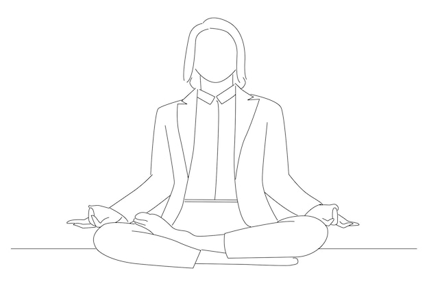 Businesswoman with closed eyes meditating at workplace Oneline art drawing style