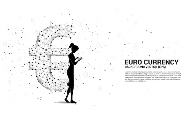 Businesswoman with mobile phone and money euro currency icon from Polygon dot connect line. Concept for europe financial network connection.