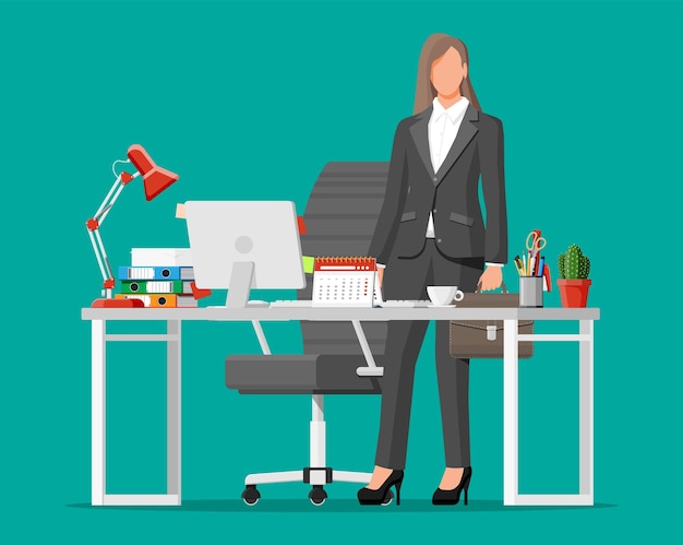 Businesswoman at work Modern creative office workspace Workplace with computer lamp clock books coffee calendar chair desk and stationery Desk with business elements Flat vector illustration