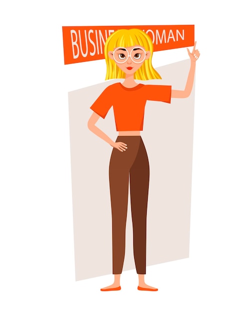 Businesswoman working character design set The girl shows her hand and forefinger Vector illustration