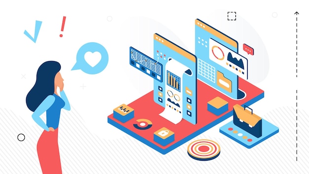 Businesswoman working with isometric abstract statistic dashboard to analyze data chart