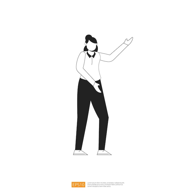 Businesswoman or young lady worker character pose with hand gesture in flat style isolated vector illustration