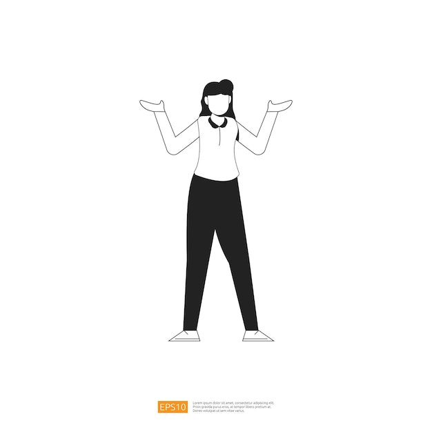 Businesswoman or young lady worker character pose with hand gesture in flat style isolated vector illustration