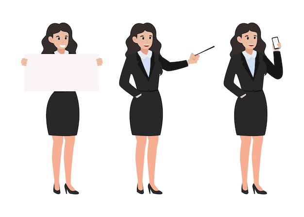 Businesswomen character poses tuxedo with curly hair