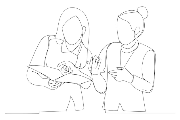 Businesswomen discussing and looking to documents One continuous line art style