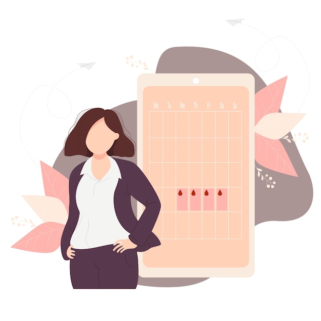 Vector businesswomen in suit looks at calendar of womens health and menstruation on phone screen vector