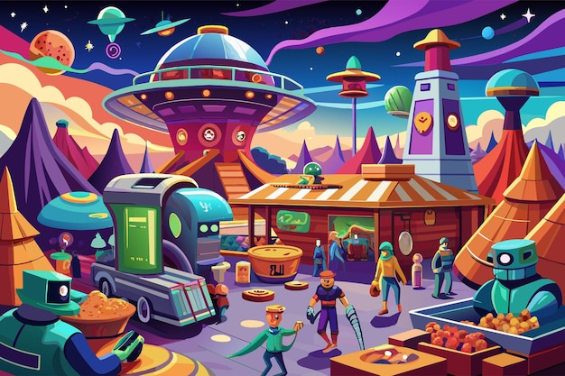 Bustling spaceport with alien traders and exotic goods Illustration