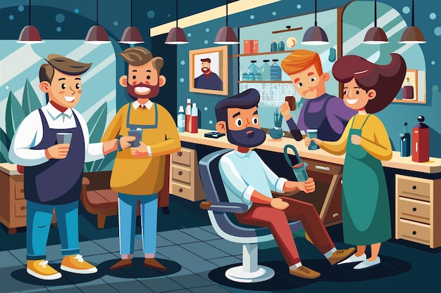 Vector busy barbershop with multiple clients waiting for haircuts and barber working on one of them a whimsical illustration of sushi characters come to life