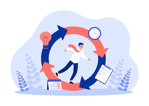 Busy businessman running in cycle of work tasks. Unstoppable working race of tiny man flat vector illustration. Time management, productivity concept for banner, website design or landing web page