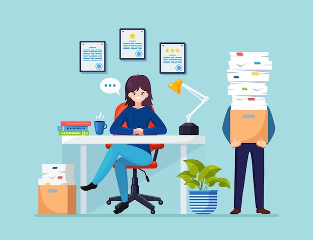 Busy businessman with stack of documents illustration