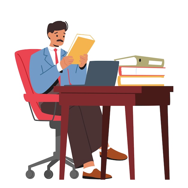 Busy Man Character Seated At An Office Desk Surrounded By Papers Using A Computer Daily Routine Of Working In Office