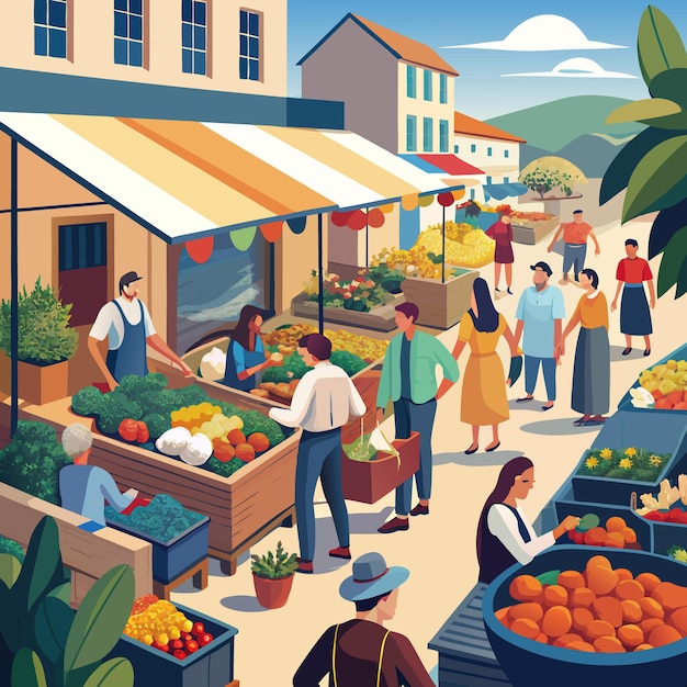 Vector busy outdoor market with fresh produce and people shopping