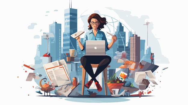 Vector busy successful business woman multitasking in office