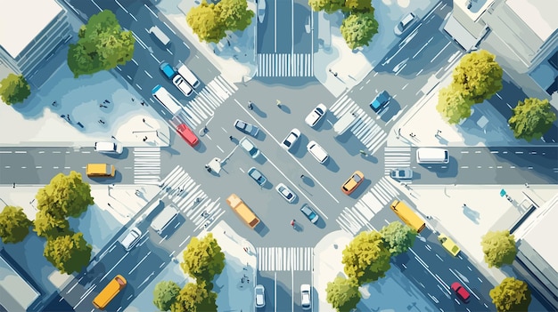 Busy Traffic Intersection Aerial View with Vehicles Movement