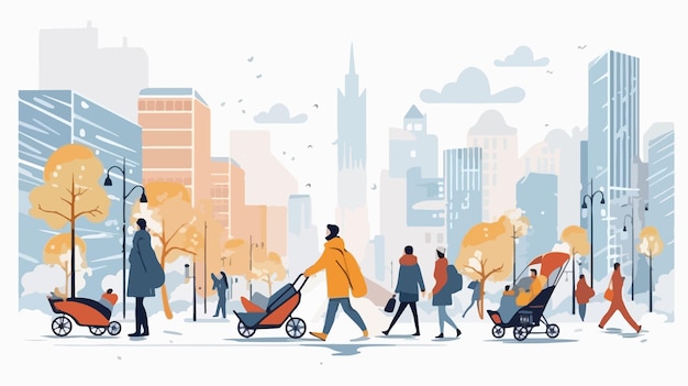 Vector busy winter cityscape with people rushing in modern urban setting