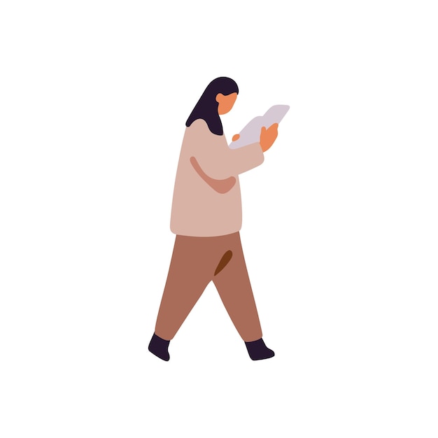 Busy woman holds report consumes information on the go Abstract person reads documents in move Character with paper newspaper news in hand walks Flat isolated vector illustration on white