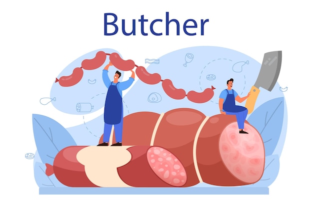 Butcher or meatman concept. Fresh meat and meat products with ham and sausages, beef and pork. Meat market worker. Isolated vector illustration