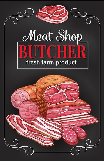 Butcher shop blackboard with meat and sausage