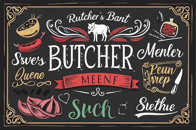 Vector a butcher shop displays a chalkboard menu showcasing a variety of meat options and specialties for customers to review and choose from