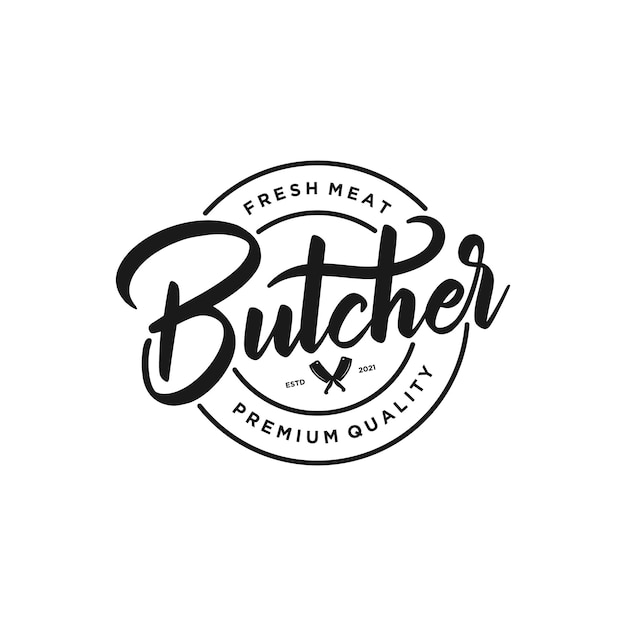 Butcher Shop hand written lettering logo with label badge emblem design template