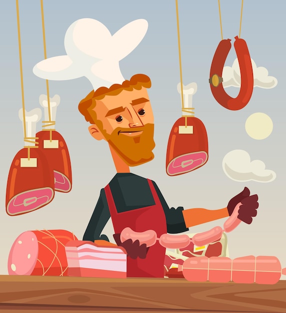 Vector butcher shop. meat seller cook man character.  flat cartoon illustration