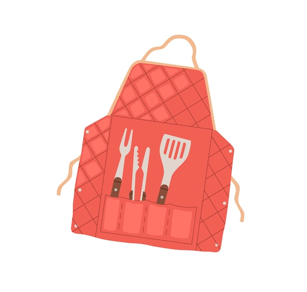 Butchers apron with grilling BBQ tools in pockets. Barbecue accessories and supplies, metal tongs, fork and spatula for chef cook. Kitchen wearing. Flat vector illustration isolated on white.