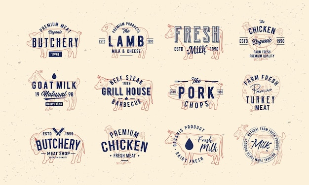 Butchery Grill Dairy badges stamps and poster set Chicken Cow Goat and Pig emblems