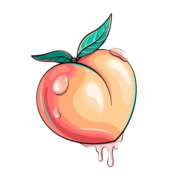 Butt-shaped, heart-shaped juicy peach, fruit with juice drops cartoon style illustration