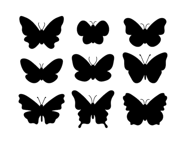 Butterflies black silhouettes set Vector collection of beautiful insects isolated Differenet butterflies on white background Design elements