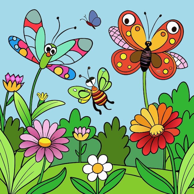 Butterflies and dragonflies in flower garden