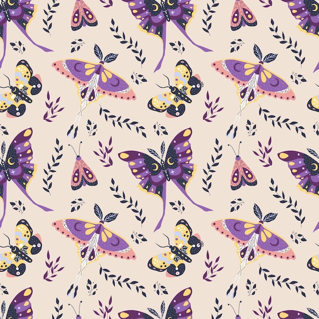 Butterflies moths and leaves Seamless pattern Vector illustration