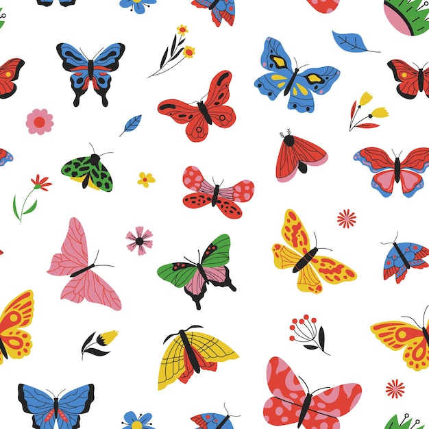 Butterflies pattern Seamless print of colored cartoon flying insects fashion repeat background for textile wallpaper fabric design Vector texture