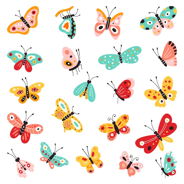 Butterflies, set of hand drawn collection on isolated white background. s. Creative Fluttering, beautiful butterflies.