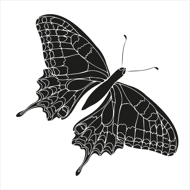 Butterfly black silhouette art illustration Insect butterfly for stickers tattoo silhouette scrapbook Winged gorgeous animal Vector hand drawn illustration isolate on white background