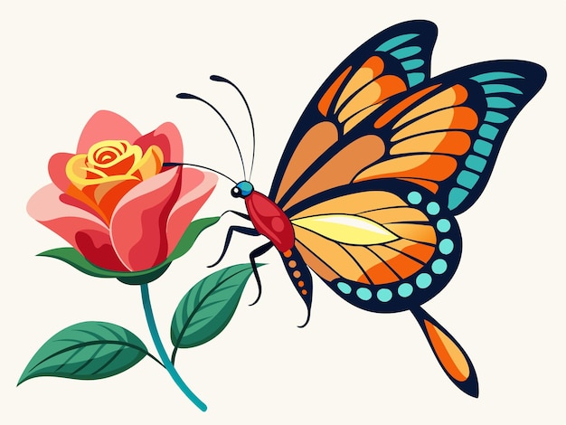 A butterfly flies on a rose flower white background I