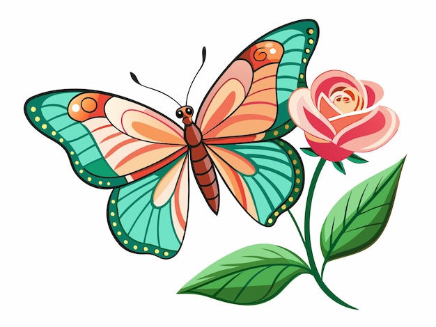 A butterfly flies on a rose flower white background A