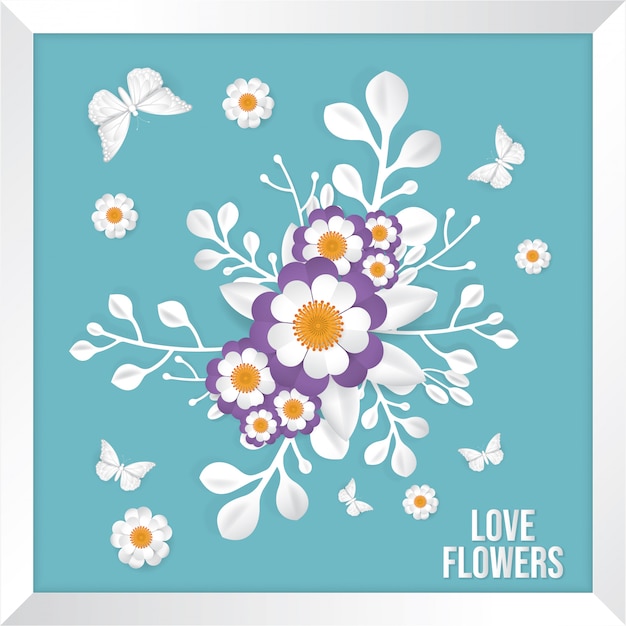 Vector butterfly and flower bouquet, paper art style.