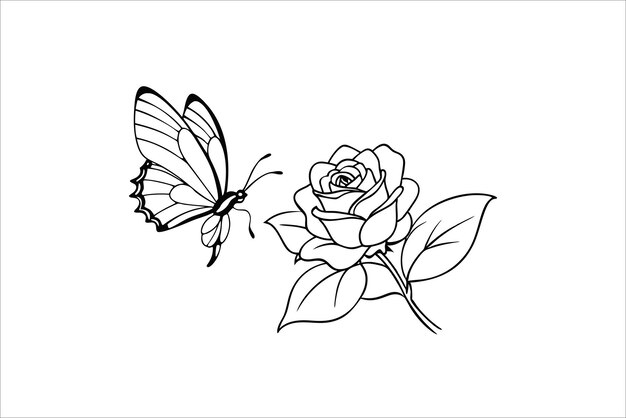 Butterfly and flower outline illustration coloring book for children and adults