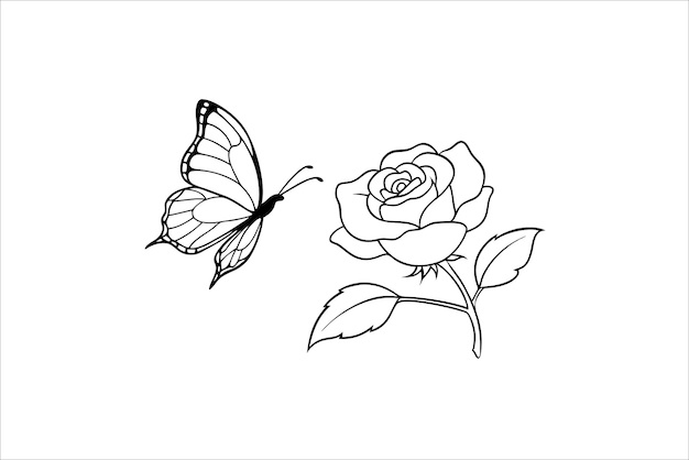 Butterfly and flower outline illustration coloring book for children and adults