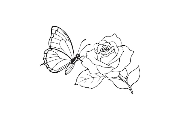 Butterfly and flower outline illustration coloring book for children and adults